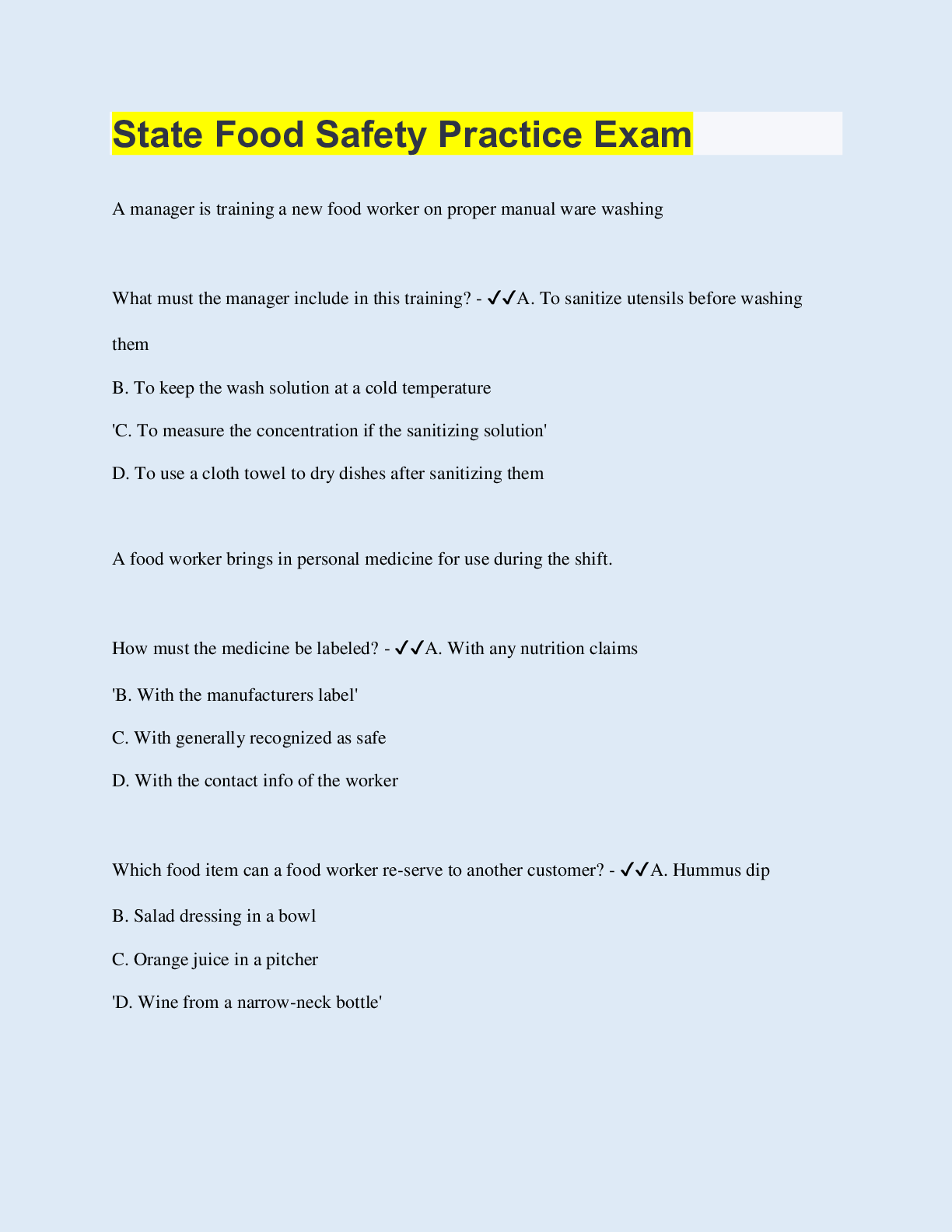 State Food Safety Practice Exam Browsegrades